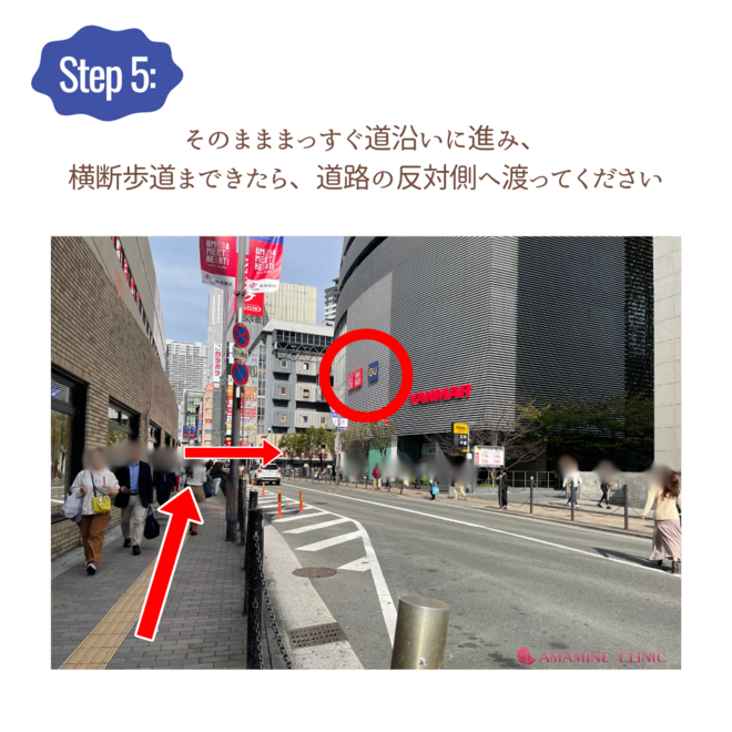 そのまま真っ直ぐ道沿いに進み、横断歩道まできたら、道路の反対側へ渡ってください。